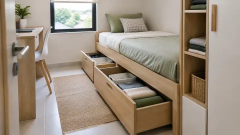 Tempat tidur kecil dengan laci penyimpanan terbuka