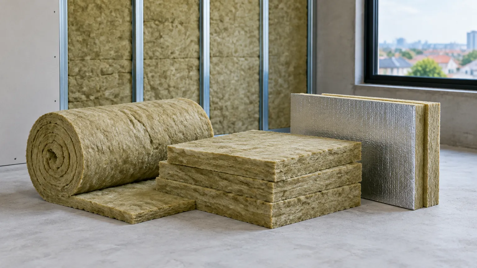 Gulungan dan lembaran insulasi mineral disusun dekat dinding