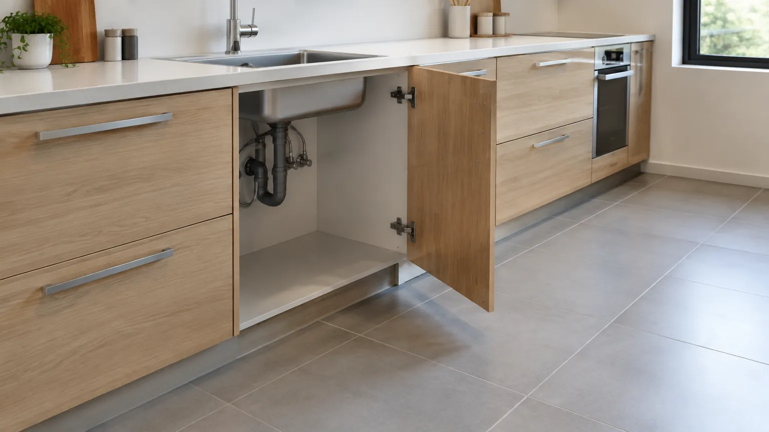 Kabinet bawah kitchen set terbuka memperlihatkan pipa bak cuci