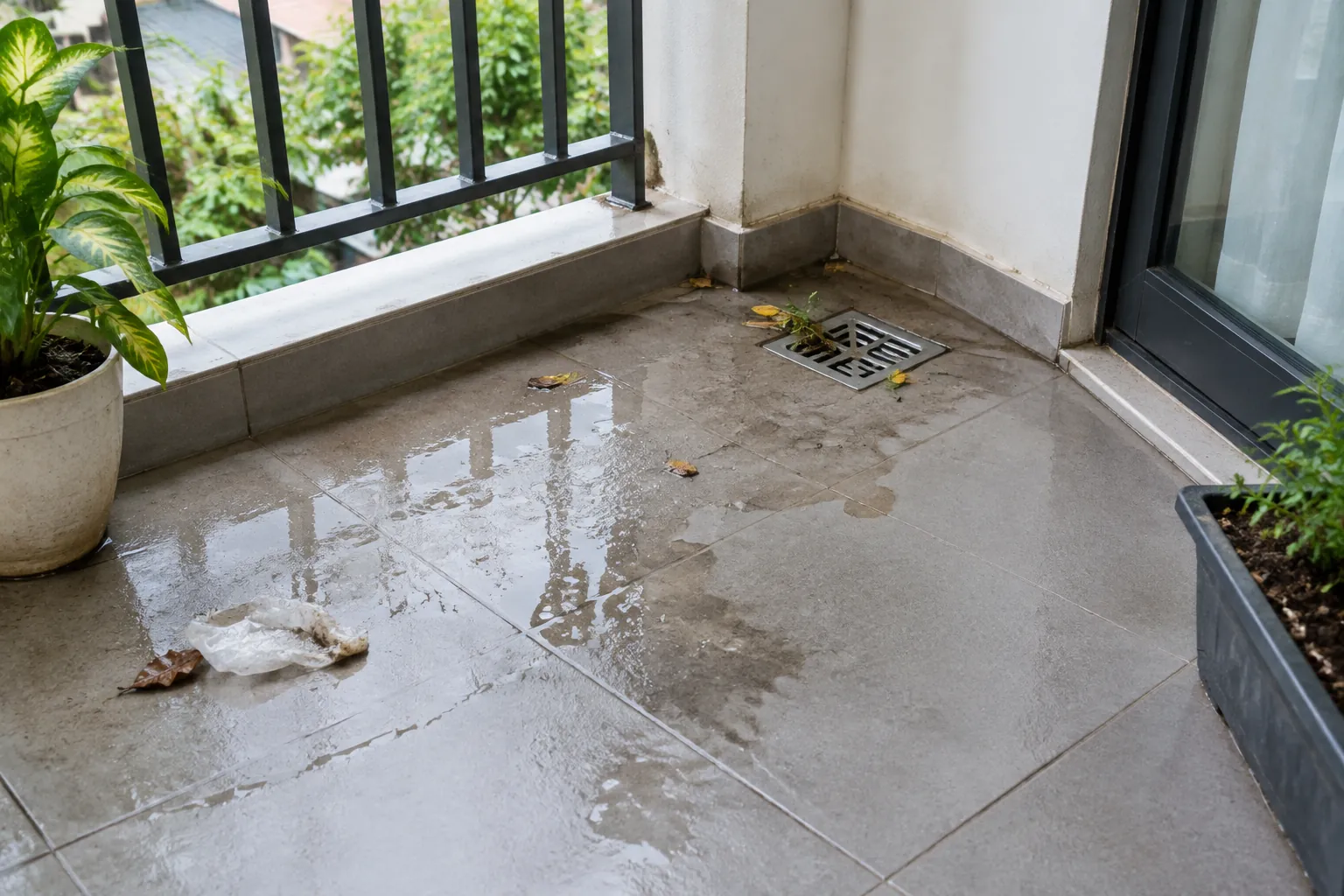 Genangan dan sisa kotoran terlihat di sekitar drain lantai balkon