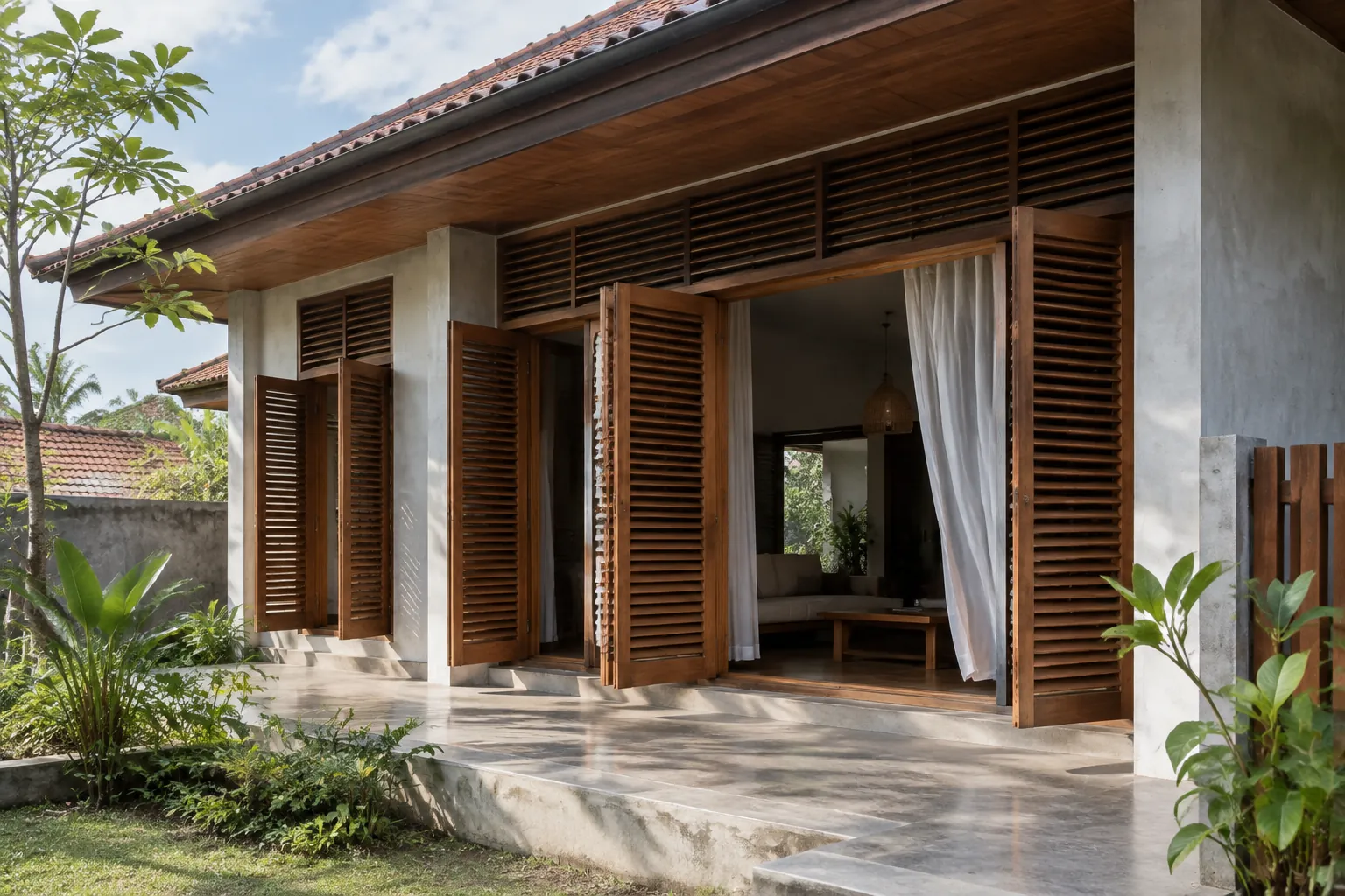 Fasad rumah dengan kisi kayu di depan serambi