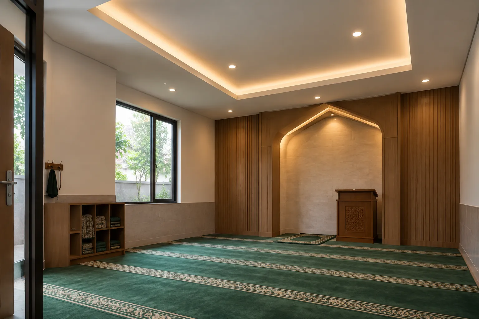 Lampu tepi plafon menyinari dinding mihrab mushola