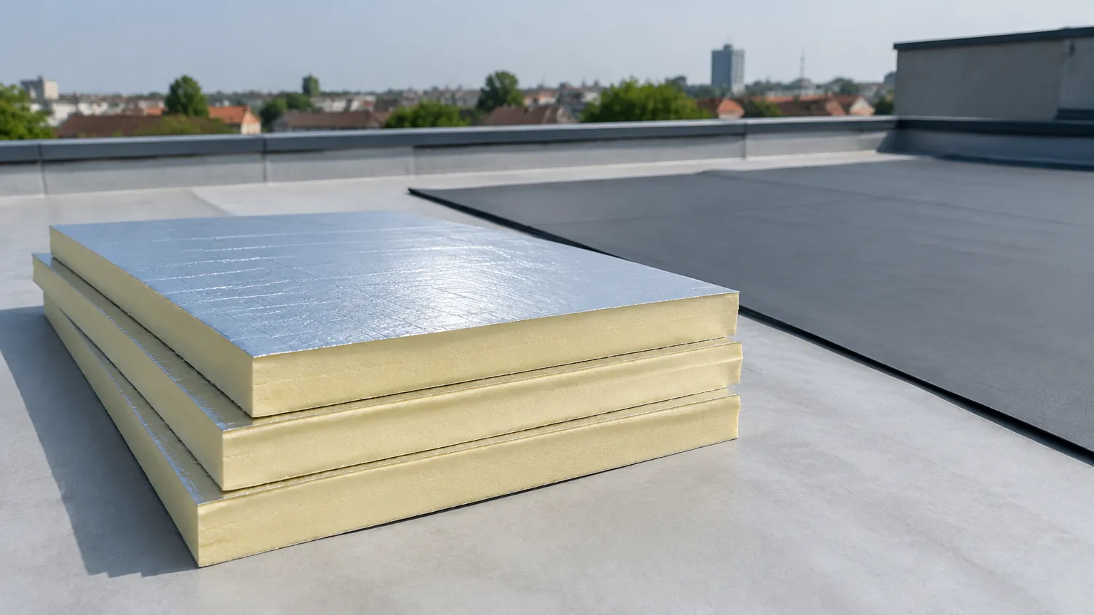 Panel insulasi berlapis foil disusun di atas atap datar
