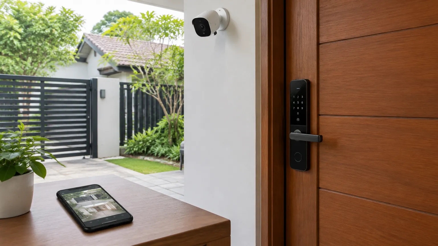 Kamera dan kunci elektronik di dekat pintu masuk rumah