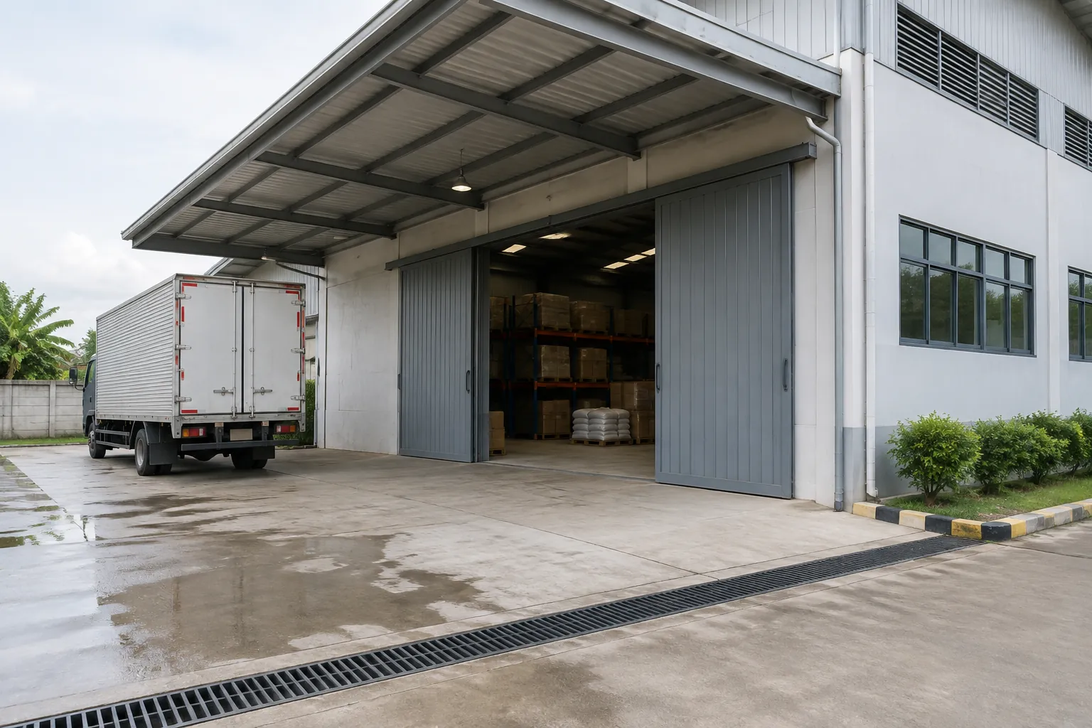 Truk di dekat pintu geser gudang