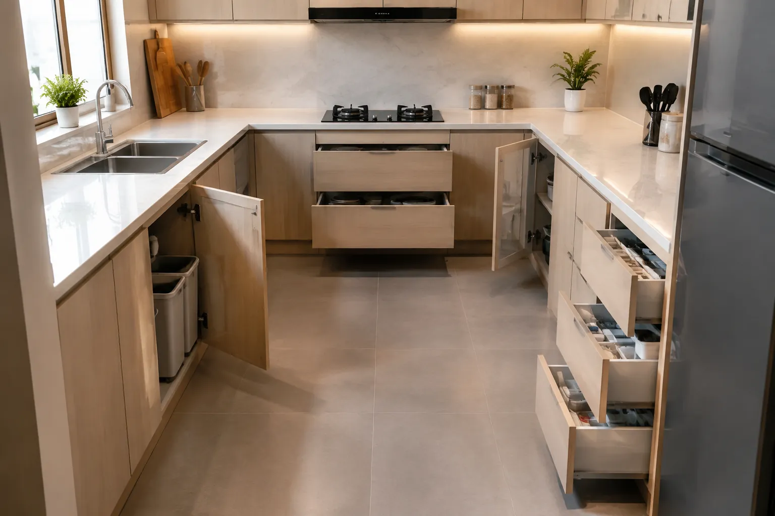 Kitchen set berbentuk U dengan beberapa laci terbuka