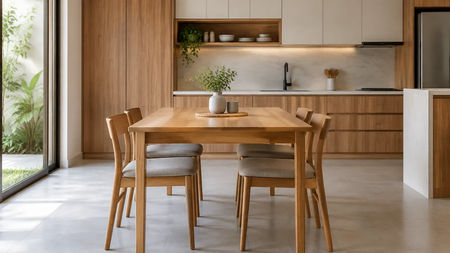 Meja dan kursi makan kayu di dekat dapur