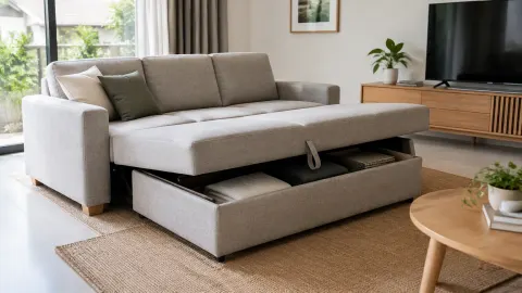 Sofa abu-abu dengan bagian penyimpanan terbuka