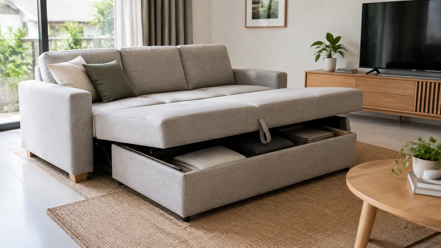 Sofa abu-abu dengan bagian penyimpanan terbuka