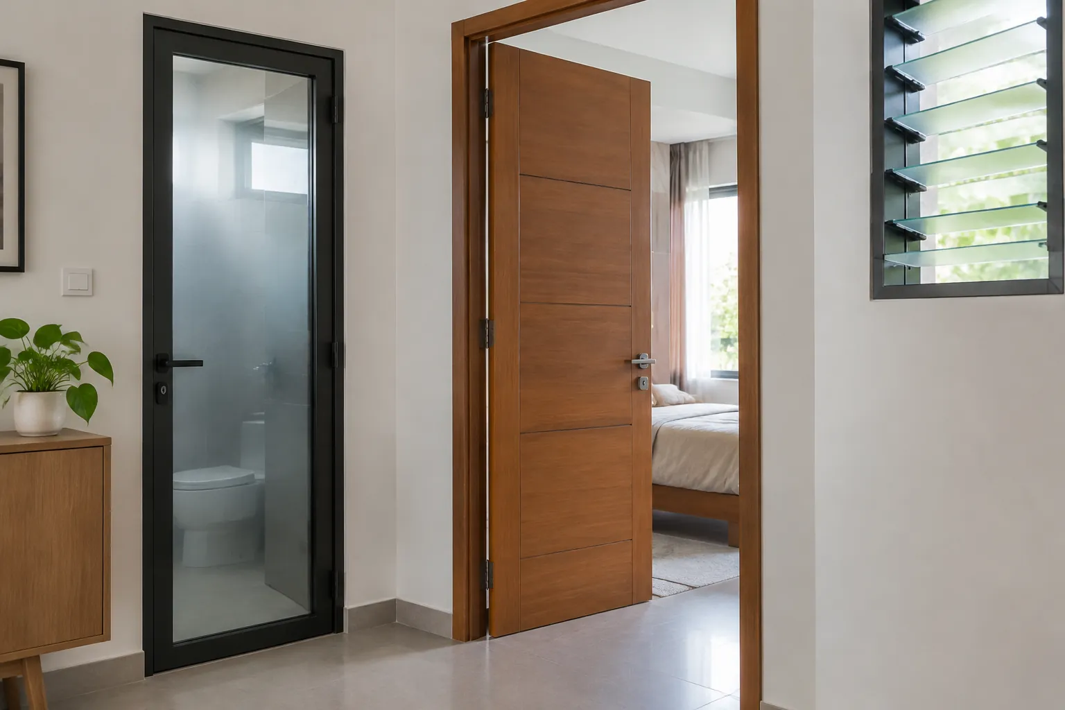 Pintu gelap kamar mandi di dekat pintu kayu kamar tidur