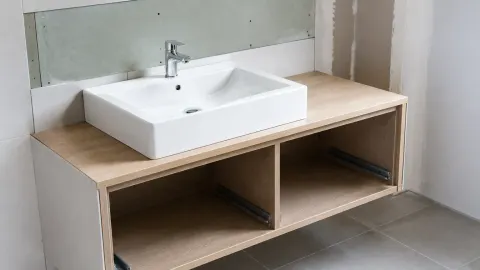 Wastafel di atas kabinet dengan ruang bawah yang belum tertutup