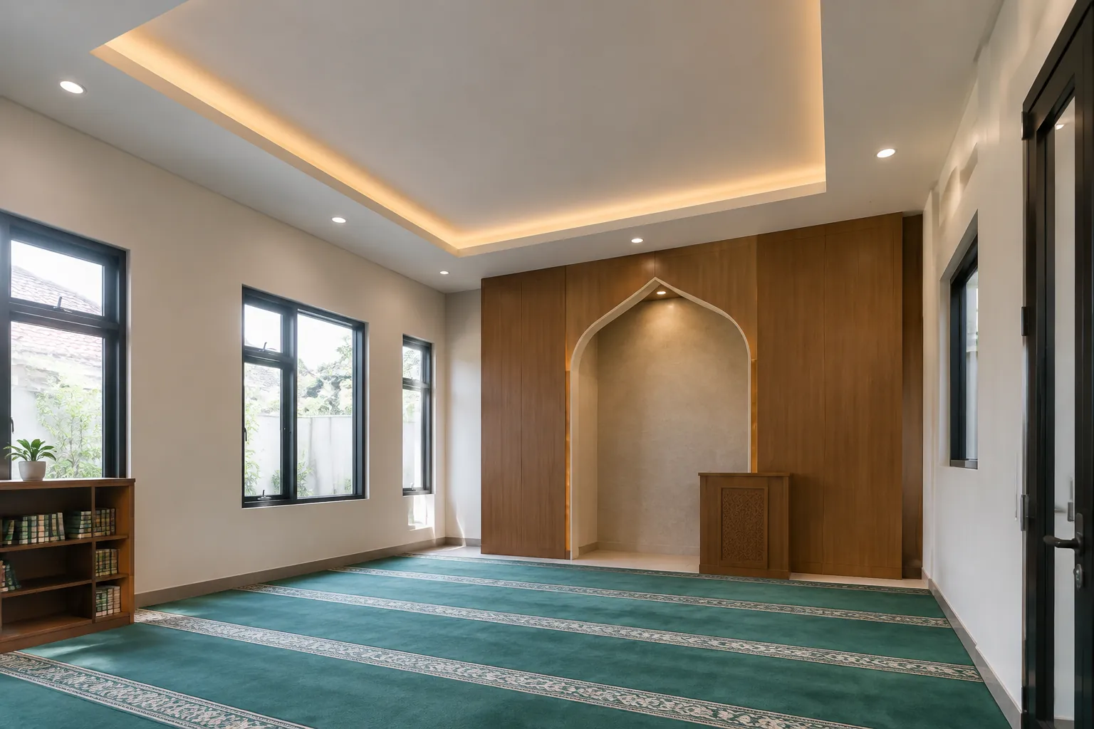 Mushola dengan karpet hijau dan tepi plafon berlampu