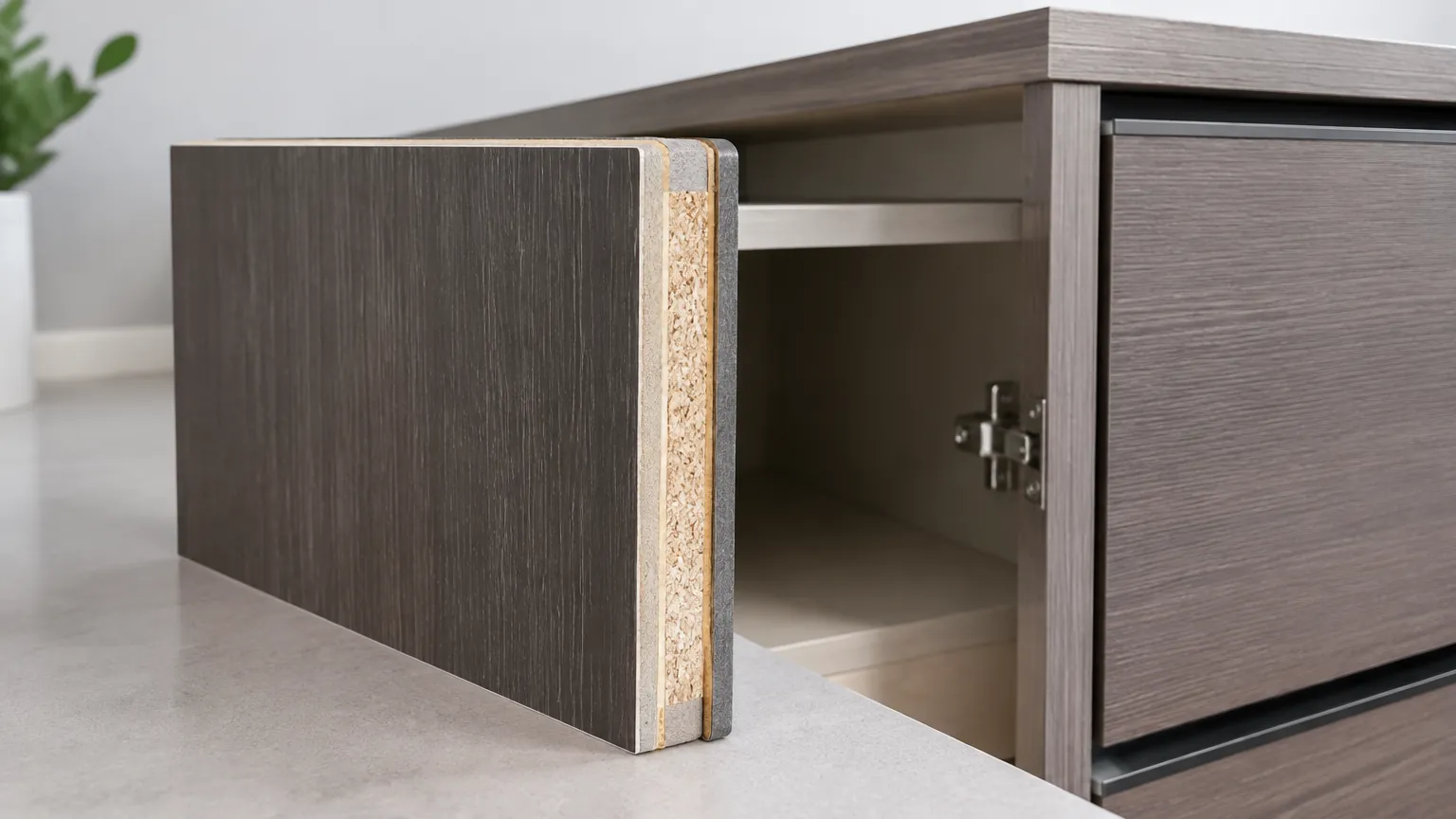 Kabinet dengan pintu berlapis HPL memperlihatkan inti panel