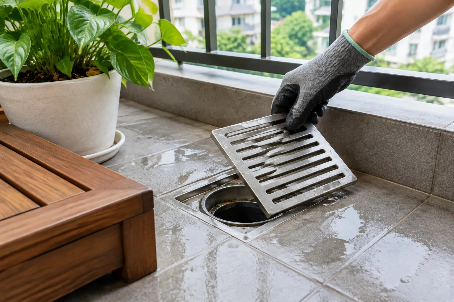 Tangan mengangkat kisi drainase pada balkon