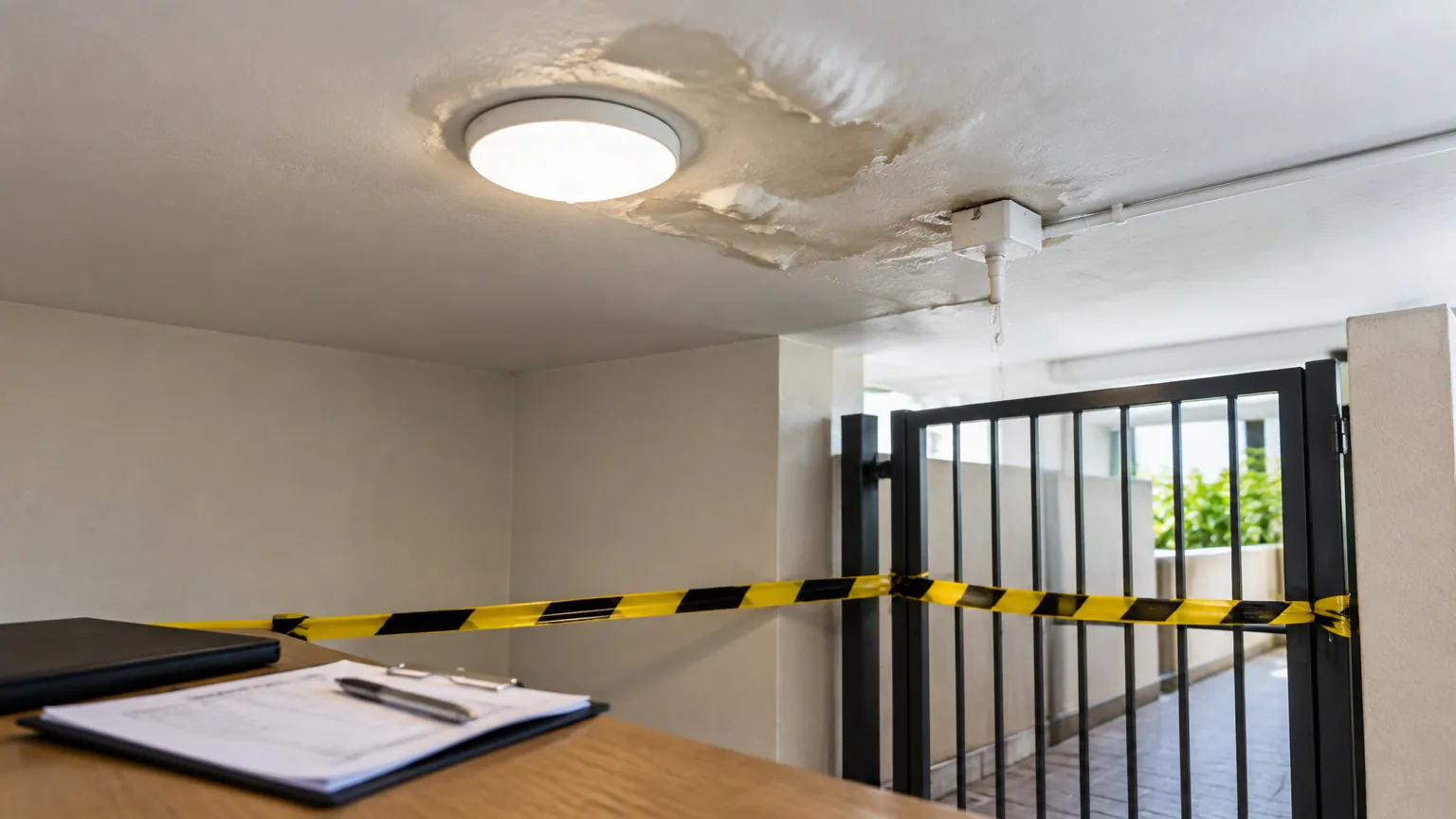 Noda air pada plafon di dekat lampu