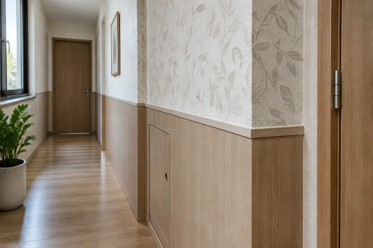 Panel kayu dan wallpaper pada dinding lorong