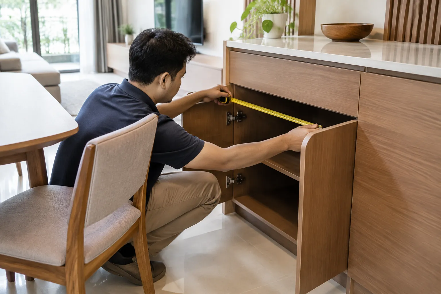 Pekerja mengukur lebar satu modul kabinet di ruang keluarga