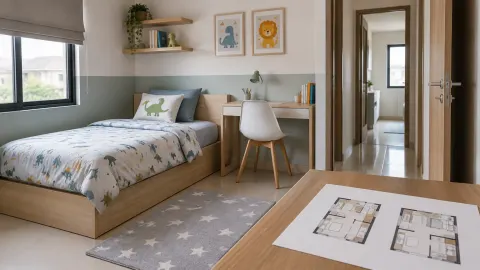 Kamar anak dengan tempat tidur dan meja belajar dekat jendela