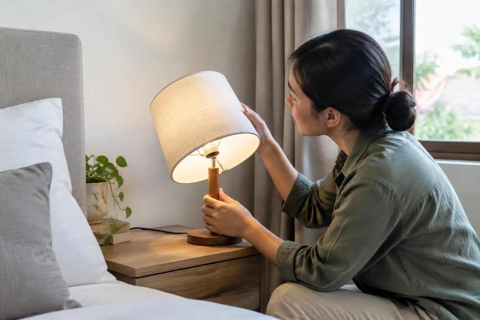Orang memegang lampu di dekat tempat tidur.
