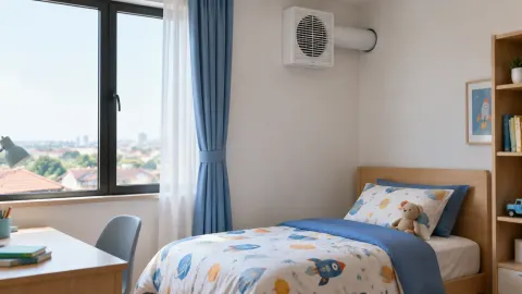 Kamar anak dengan jendela dan perangkat ventilasi di dinding