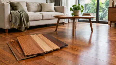 Sofa, meja rendah, dan contoh lantai kayu di ruang tamu