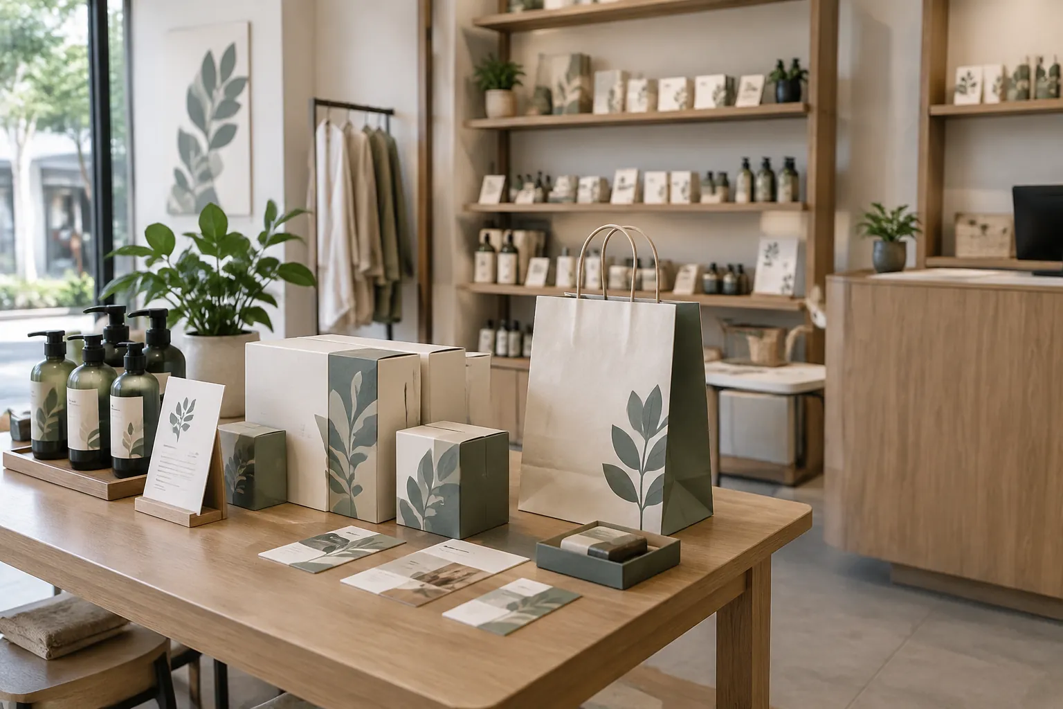 Kemasan bermotif daun tersusun pada display toko