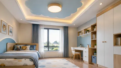 Kamar anak dengan plafon bertingkat dan pencahayaan tepi