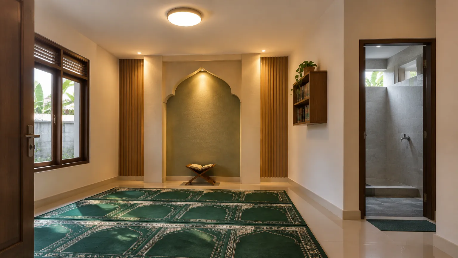 Mushola dengan lampu sorot pada mihrab dan karpet hijau