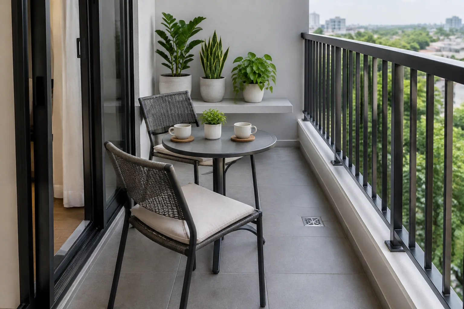 Balkon kecil dengan meja bulat dan dua kursi