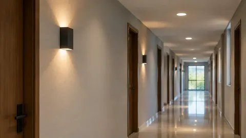 Lorong panjang dengan lampu dinding dan lampu plafon