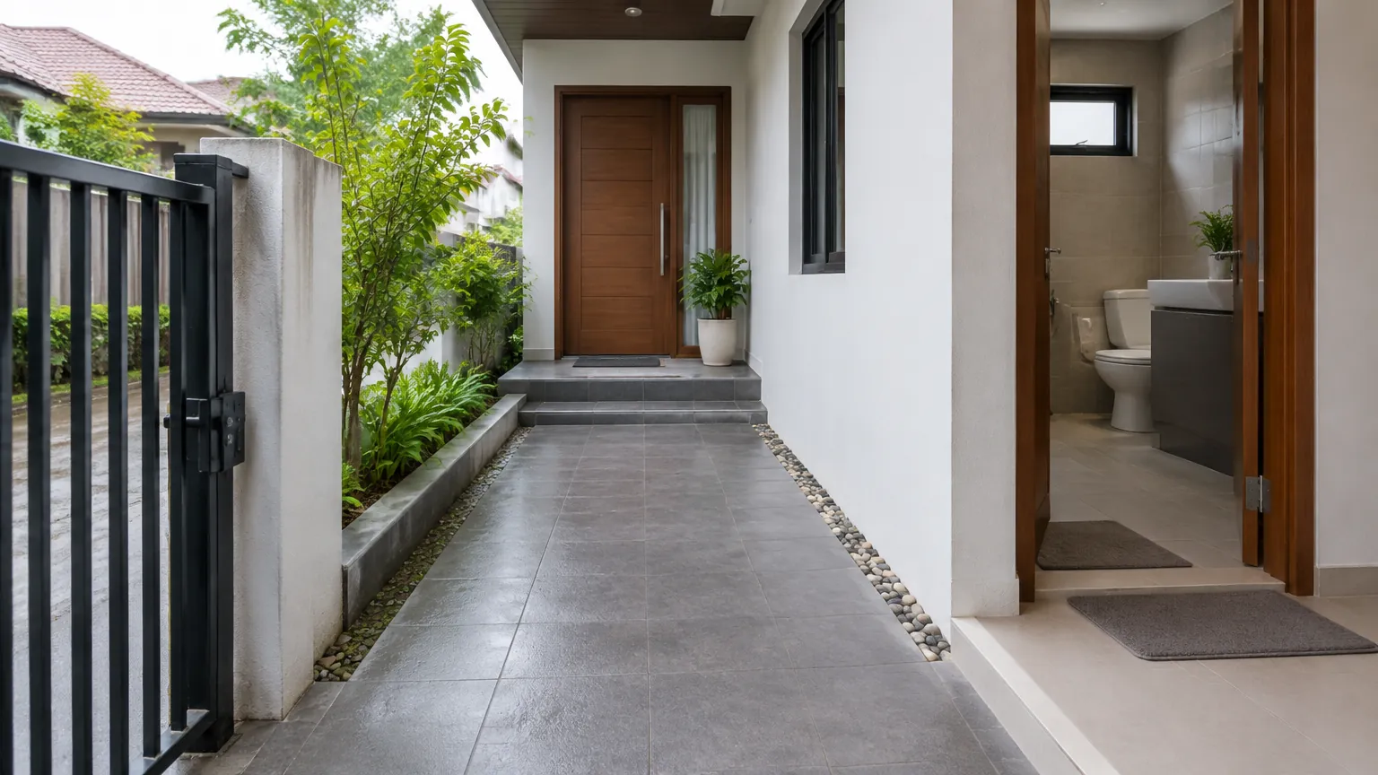 Jalur dari gerbang samping menuju pintu rumah dan kamar mandi