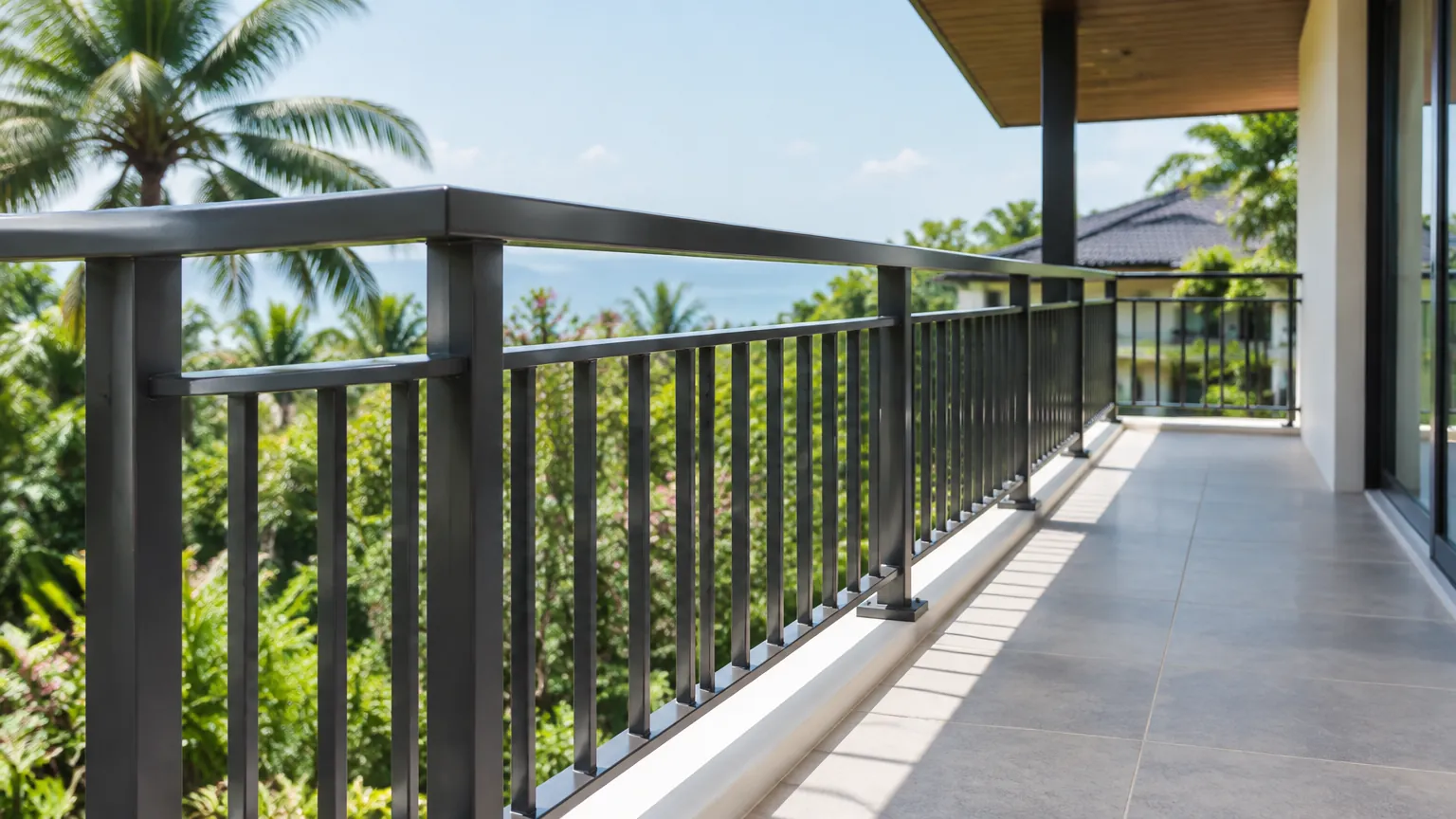Railing logam di sepanjang balkon terbuka