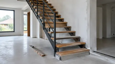 Tangga rumah dari kayu dengan railing logam dalam ruang belum selesai