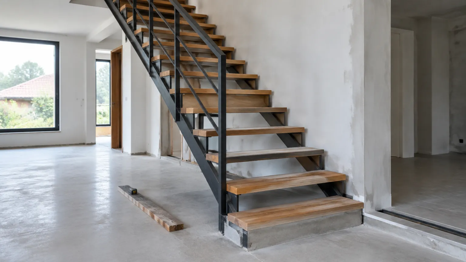 Tangga rumah dari kayu dengan railing logam dalam ruang belum selesai