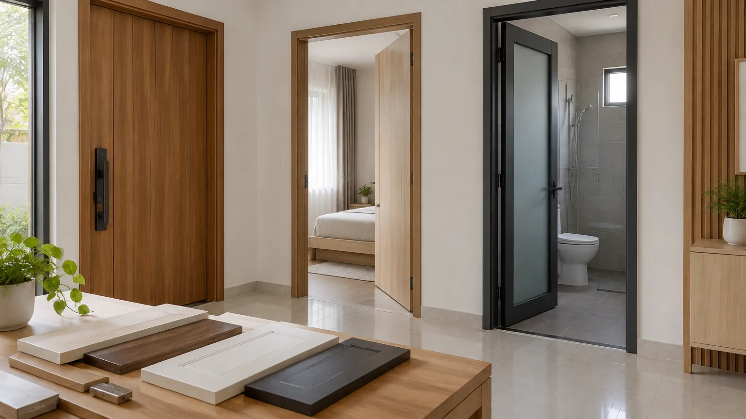 Pintu kayu dan pintu gelap menuju ruangan berbeda dalam satu rumah
