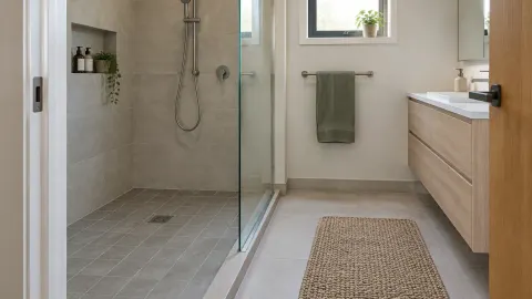 Kamar mandi dengan zona pancuran dan wastafel yang terpisah