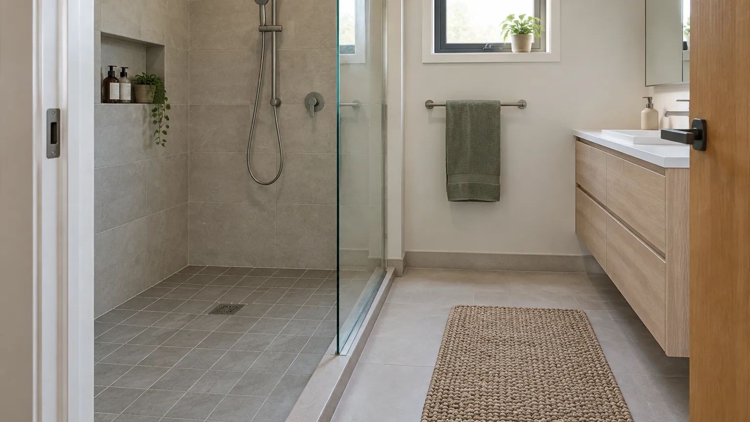 Kamar mandi dengan zona pancuran dan wastafel yang terpisah