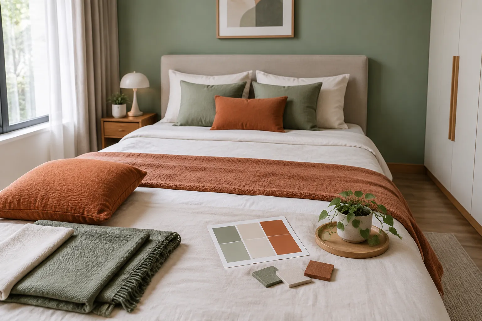 Sampel warna dan kain disusun di atas tempat tidur