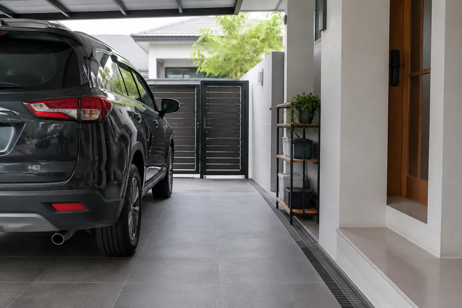 Celah sempit terlihat antara mobil dan jalur pejalan kaki menuju rumah