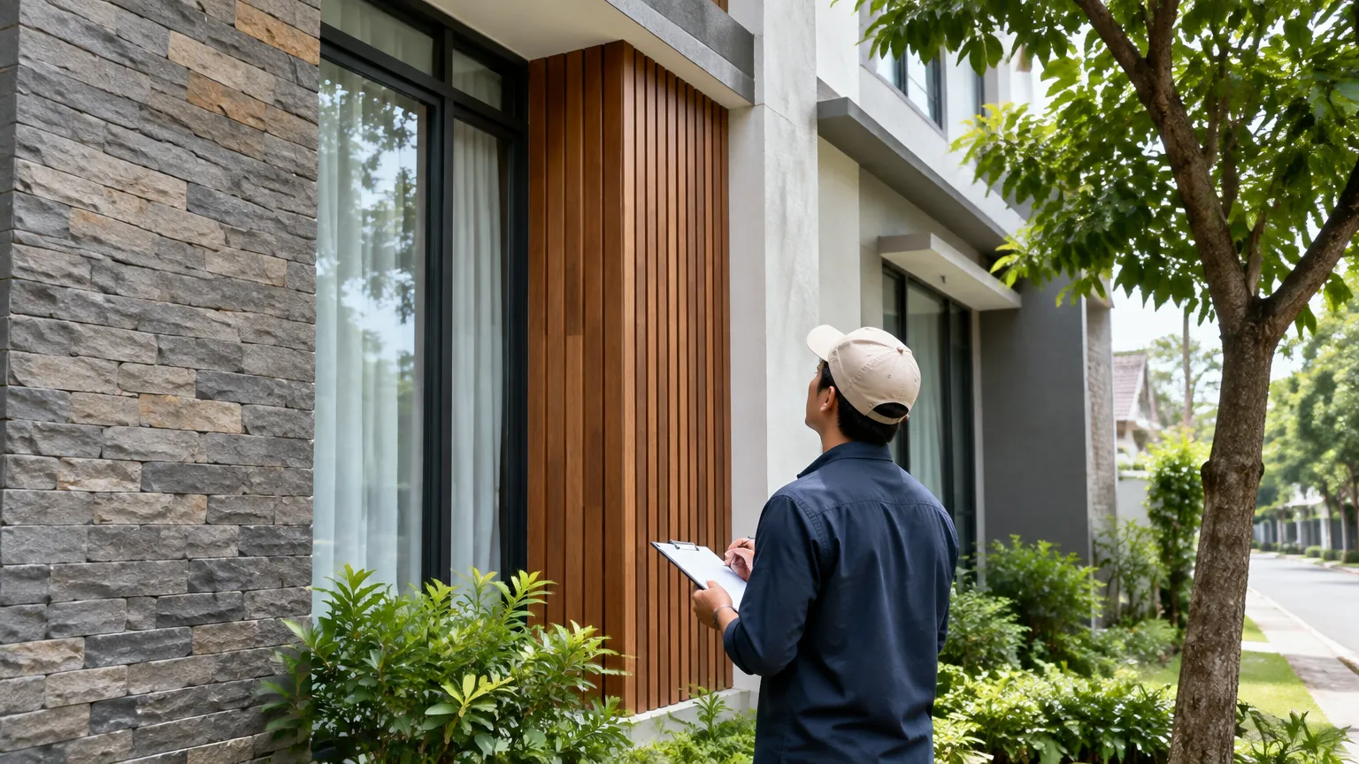 Seseorang memeriksa fasad rumah dengan beberapa bahan pelapis