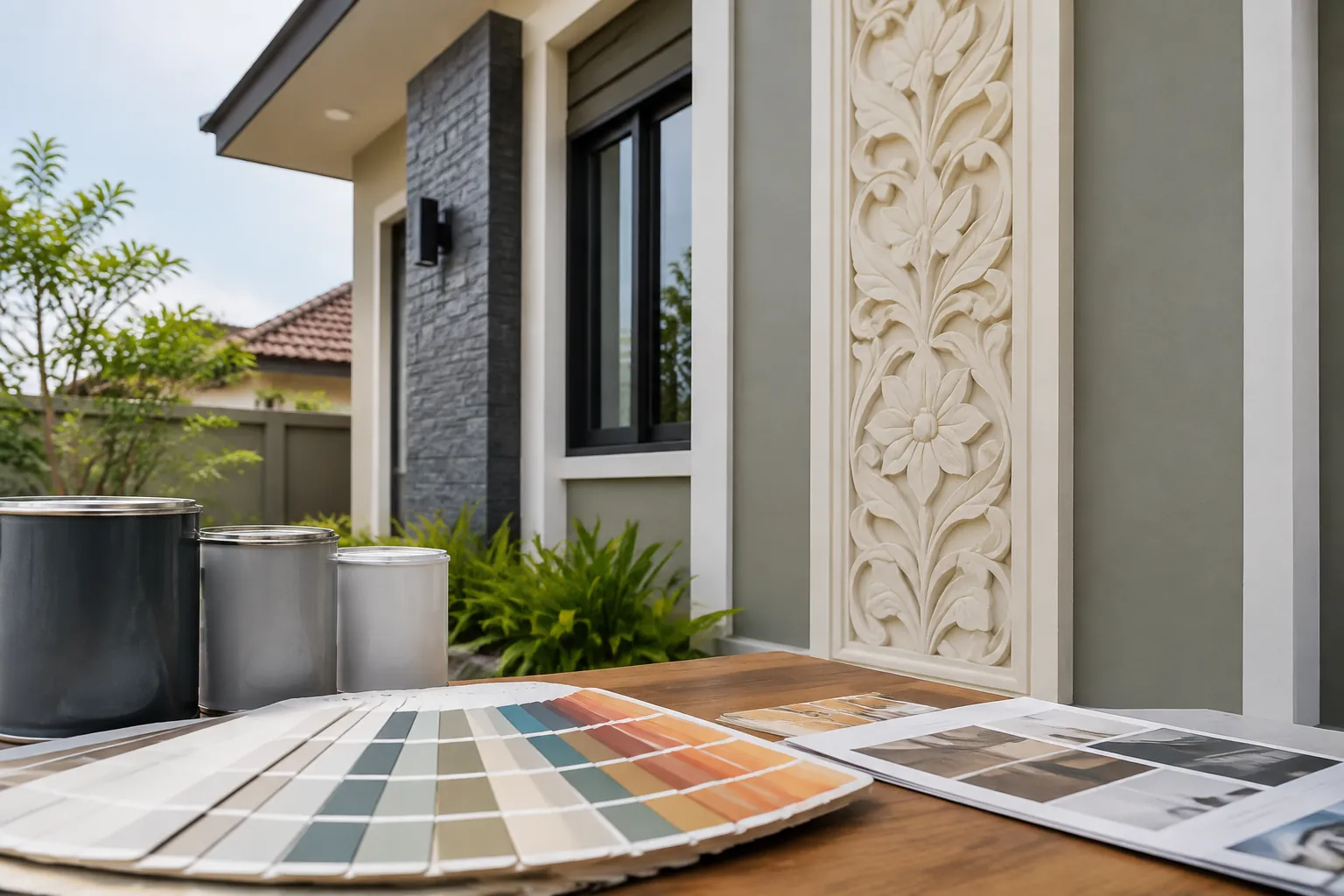 Kipas pilihan warna di depan panel ornamen fasad