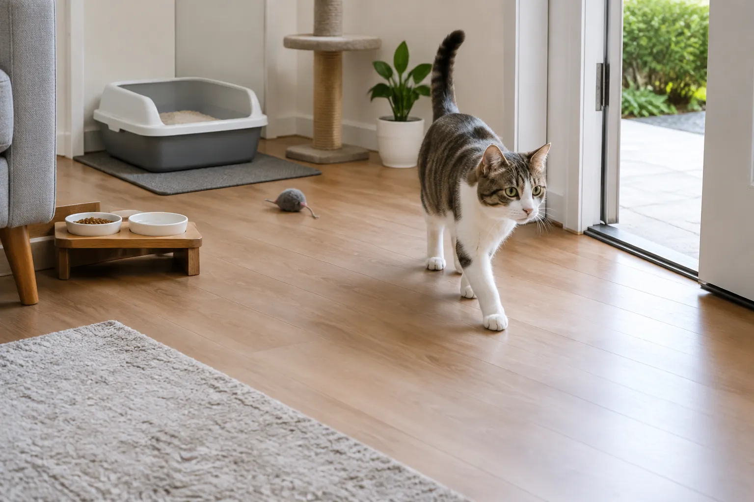 Kucing melintas di lantai rumah dekat pintu