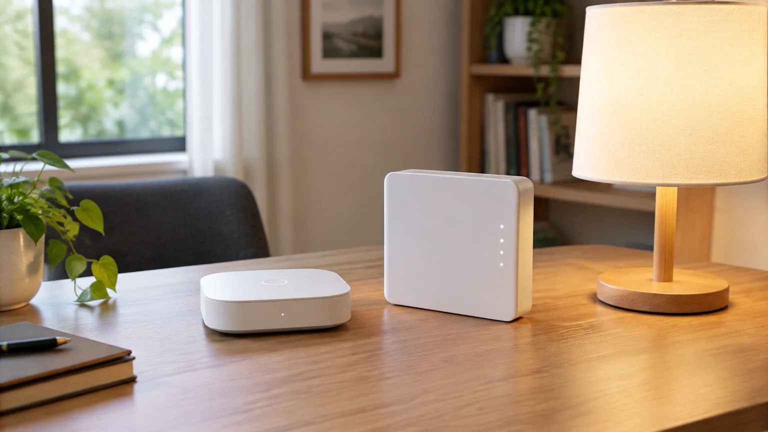 Hub smart home dan lampu meja di ruang duduk