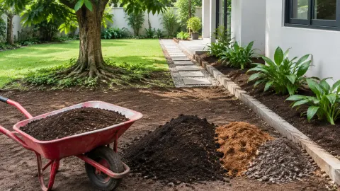 Tanah dan bahan taman di dekat jalur pijakan