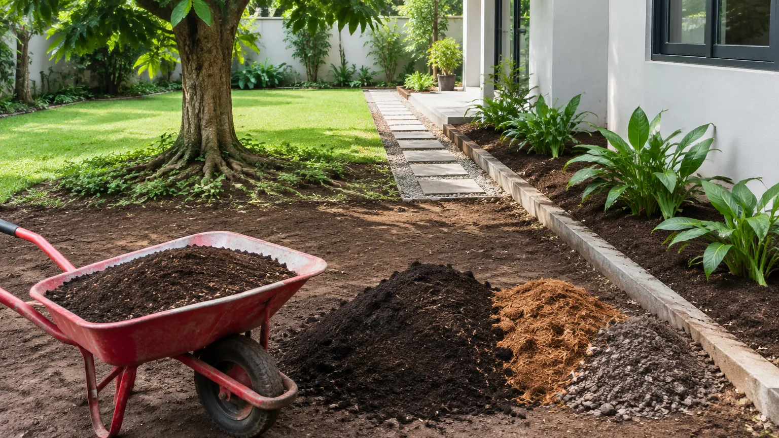 Tanah dan bahan taman di dekat jalur pijakan