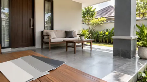 Contoh warna dan bahan lantai dipajang di teras rumah