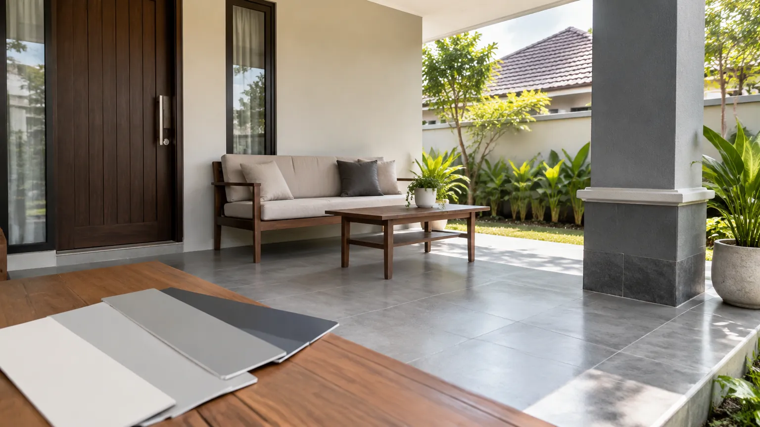 Contoh warna dan bahan lantai dipajang di teras rumah