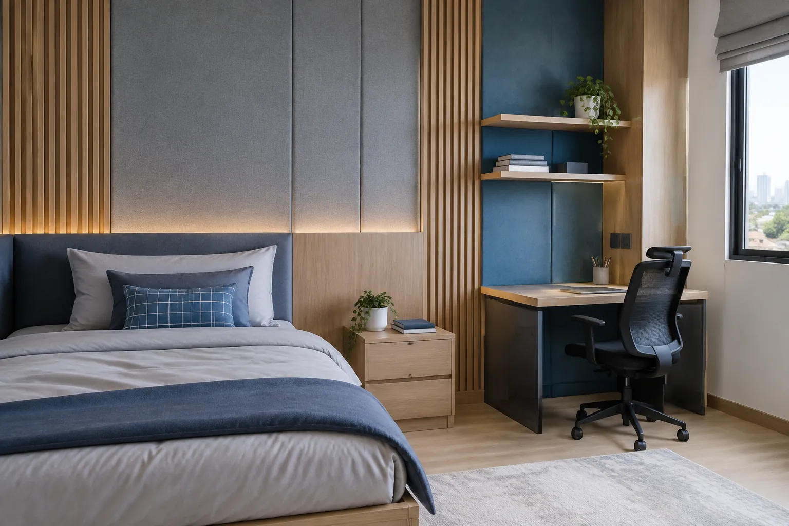 Panel dinding biru di belakang tempat tidur remaja