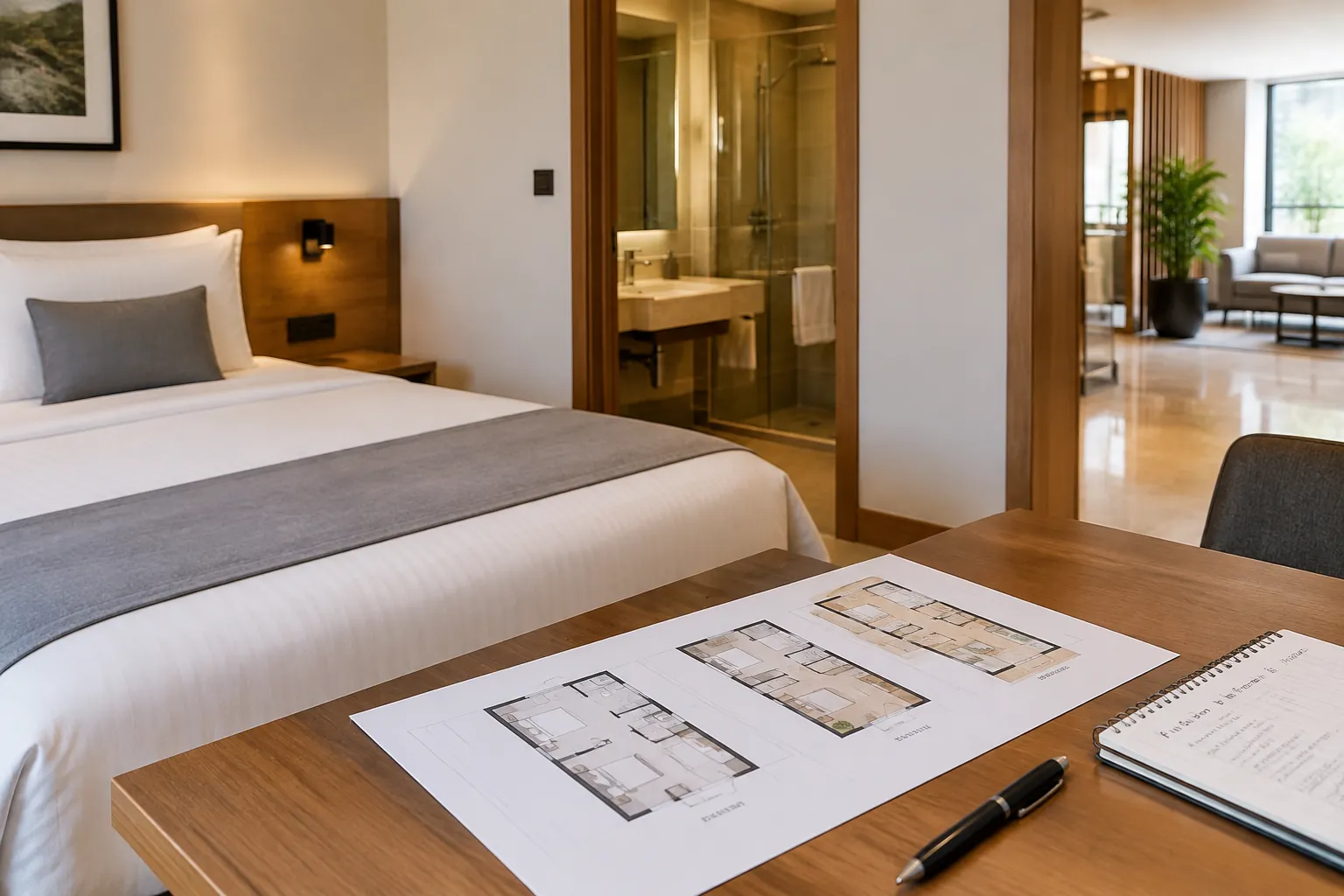 Gambar rancangan kamar penginapan di depan tempat tidur