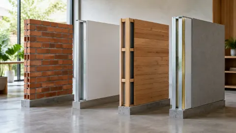 Contoh dinding bata, panel kayu, dan partisi di ruang